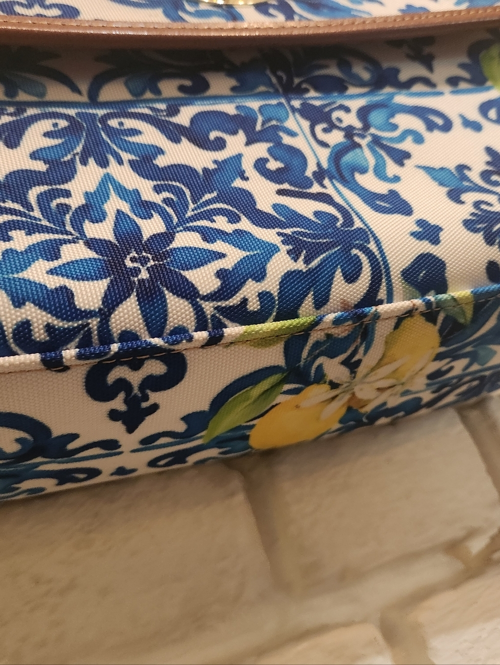 Santorini Style Blue Tile & Lemons Print Crossbody Bag W/Brown Faux Leather Trim - Picture 5 of 10